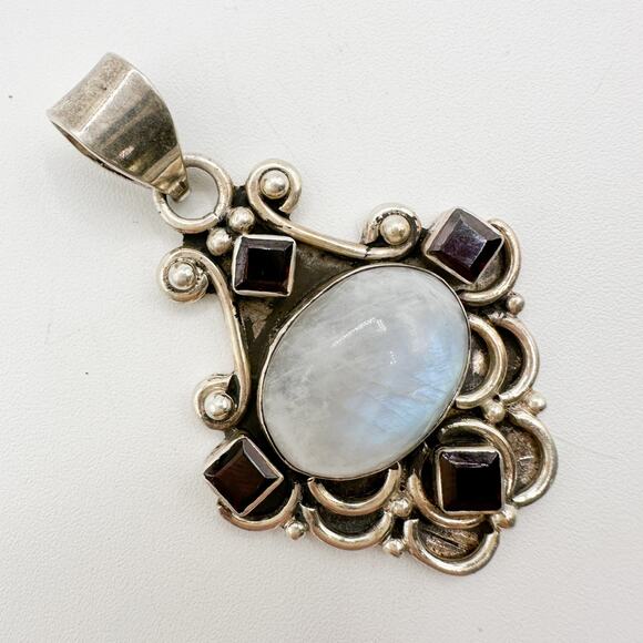 Sterling Silver Moonstone Garnet Pendant Vtg Boho Hippie 90s Multi Gemstone - Picture 13 of 13